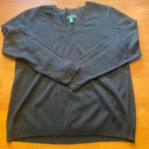 Lauren Ralph Lauren Black V-Neck Lace Trim Beaded Silk/Cashmere Sweater